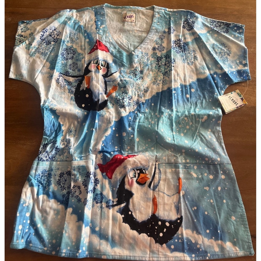 NEW S.C.R.U.B.S. Scrub Top Size‎ Unisex Medium Christmas Holiday Snow Penguins